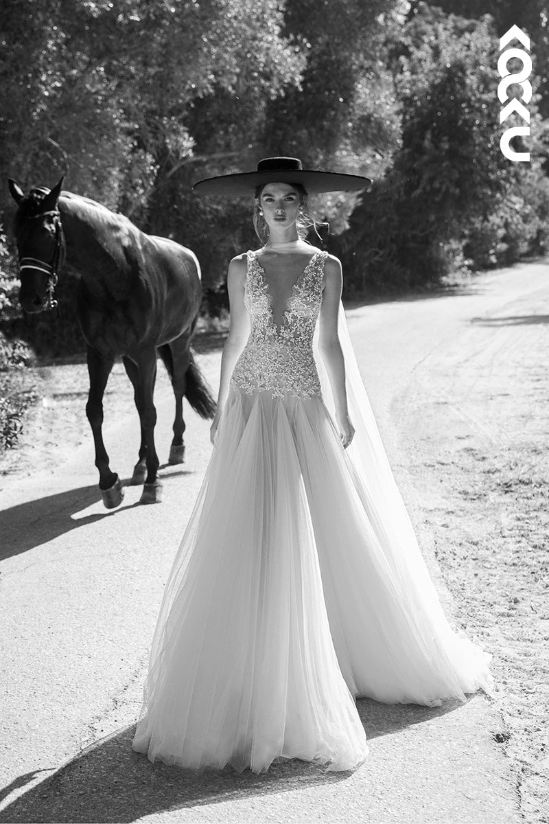 K1142 - Low V-Neck Lace Appliqued Tulle A-Line Long Wedding Dress