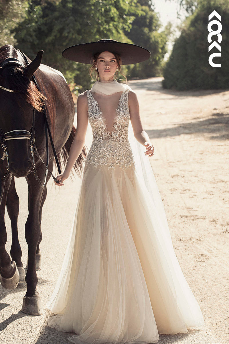 K1142 - Low V-Neck Lace Appliqued Tulle A-Line Long Wedding Dress