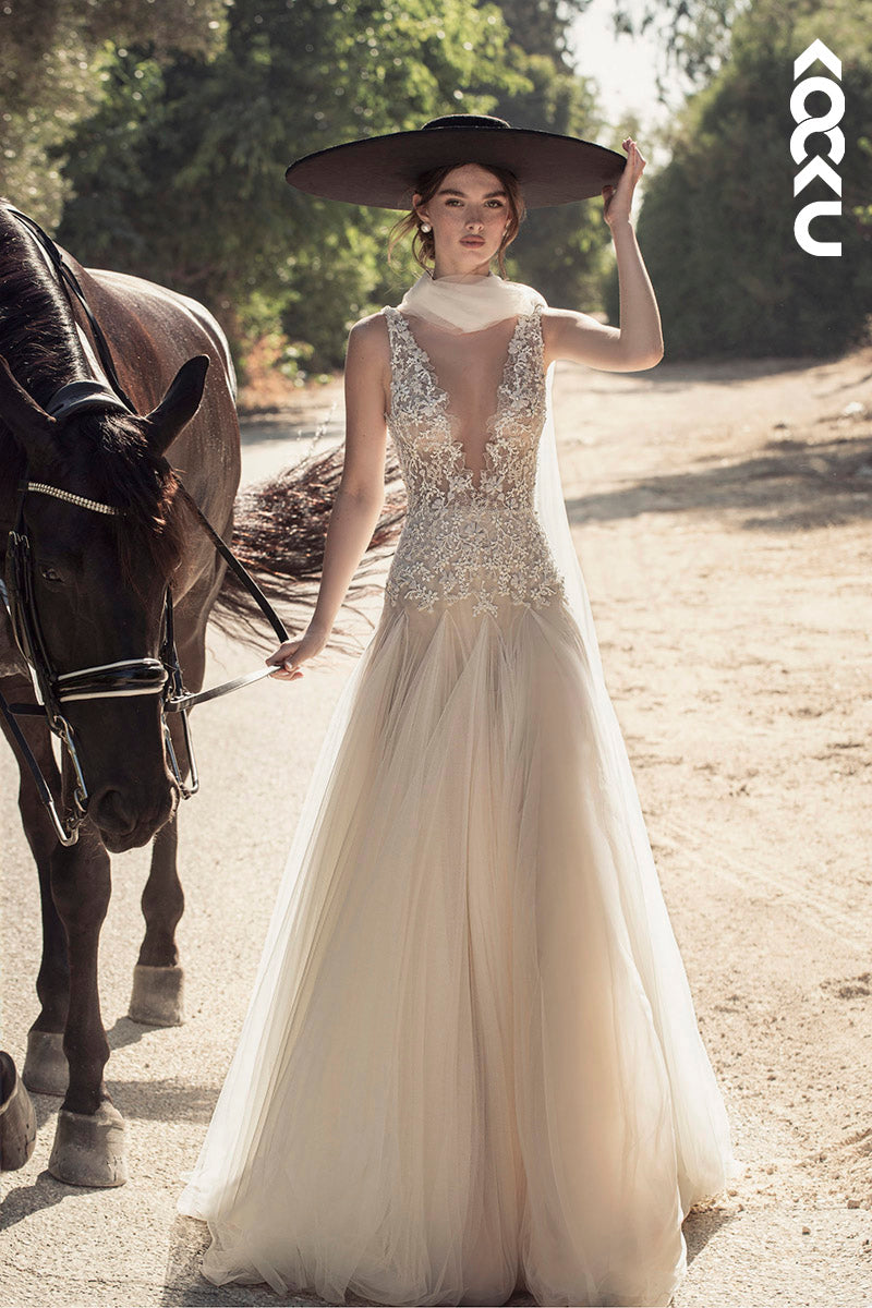 K1142 - Low V-Neck Lace Appliqued Tulle A-Line Long Wedding Dress