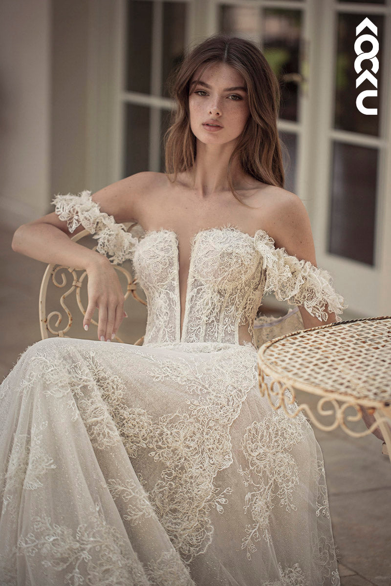 K1144 - Low V-Neck Off-Shoulder Lace A-Line Long Wedding Dress