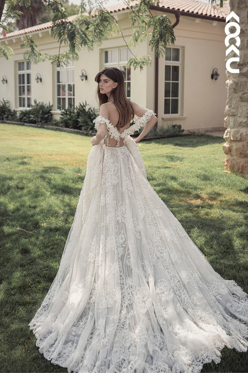 K1144 - Low V-Neck Off-Shoulder Lace A-Line Long Wedding Dress