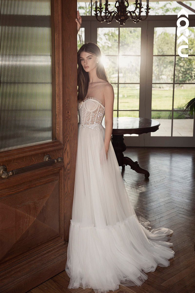 K1145 - Sweetheart Strapless Appliqued Tulle A-Line Wedding Dress