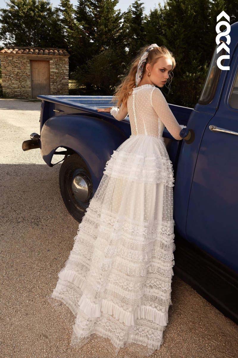 K1146 - Round Neck Long Sleeves Lace A-Line Long Wedding Dress