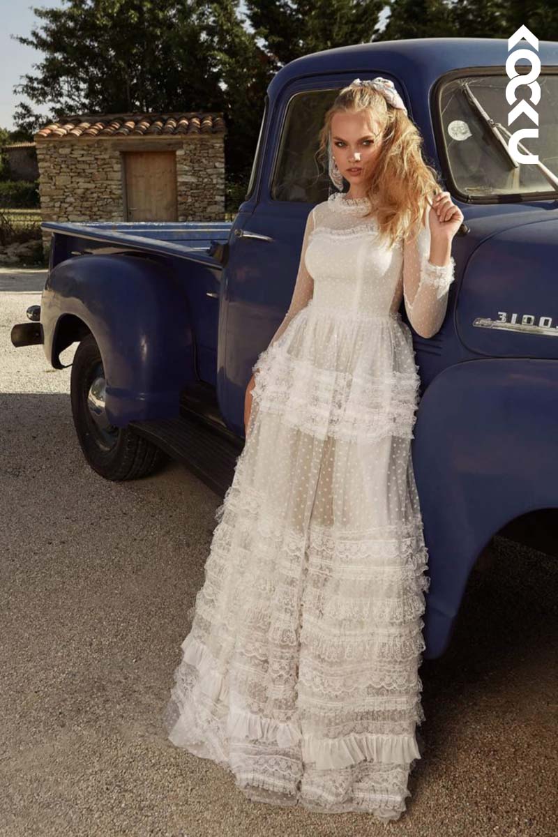 K1146 - Round Neck Long Sleeves Lace A-Line Long Wedding Dress