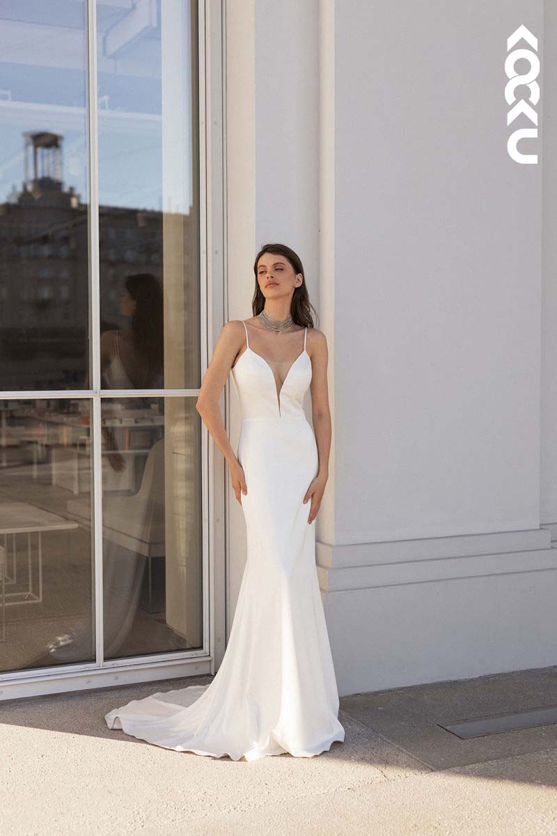 K1149 - V-Neck Spaghetti Straps Satin Sheath Long Wedding Dress With Shawl