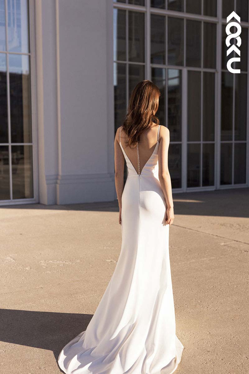 K1149 - V-Neck Spaghetti Straps Satin Sheath Long Wedding Dress With Shawl