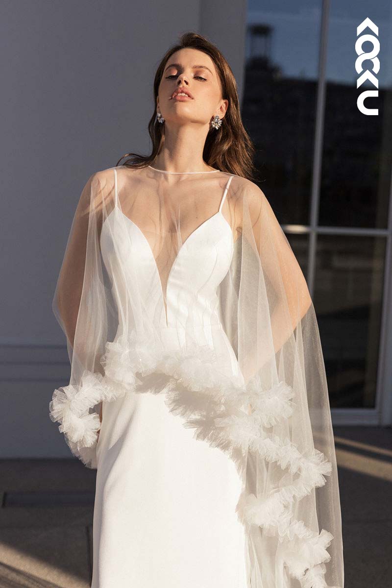 K1149 - V-Neck Spaghetti Straps Satin Sheath Long Wedding Dress With Shawl