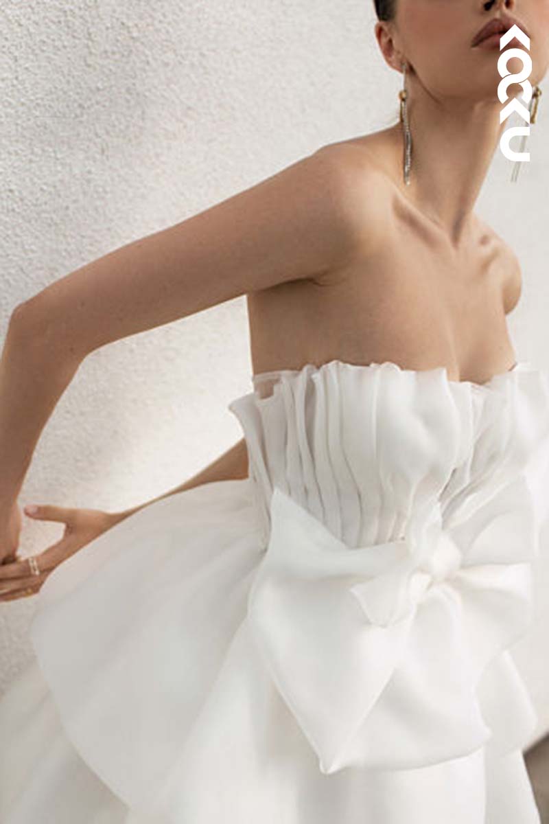 K1150 - Strapless Ruched Satin A-Line Mini Wedding Dress With Bow