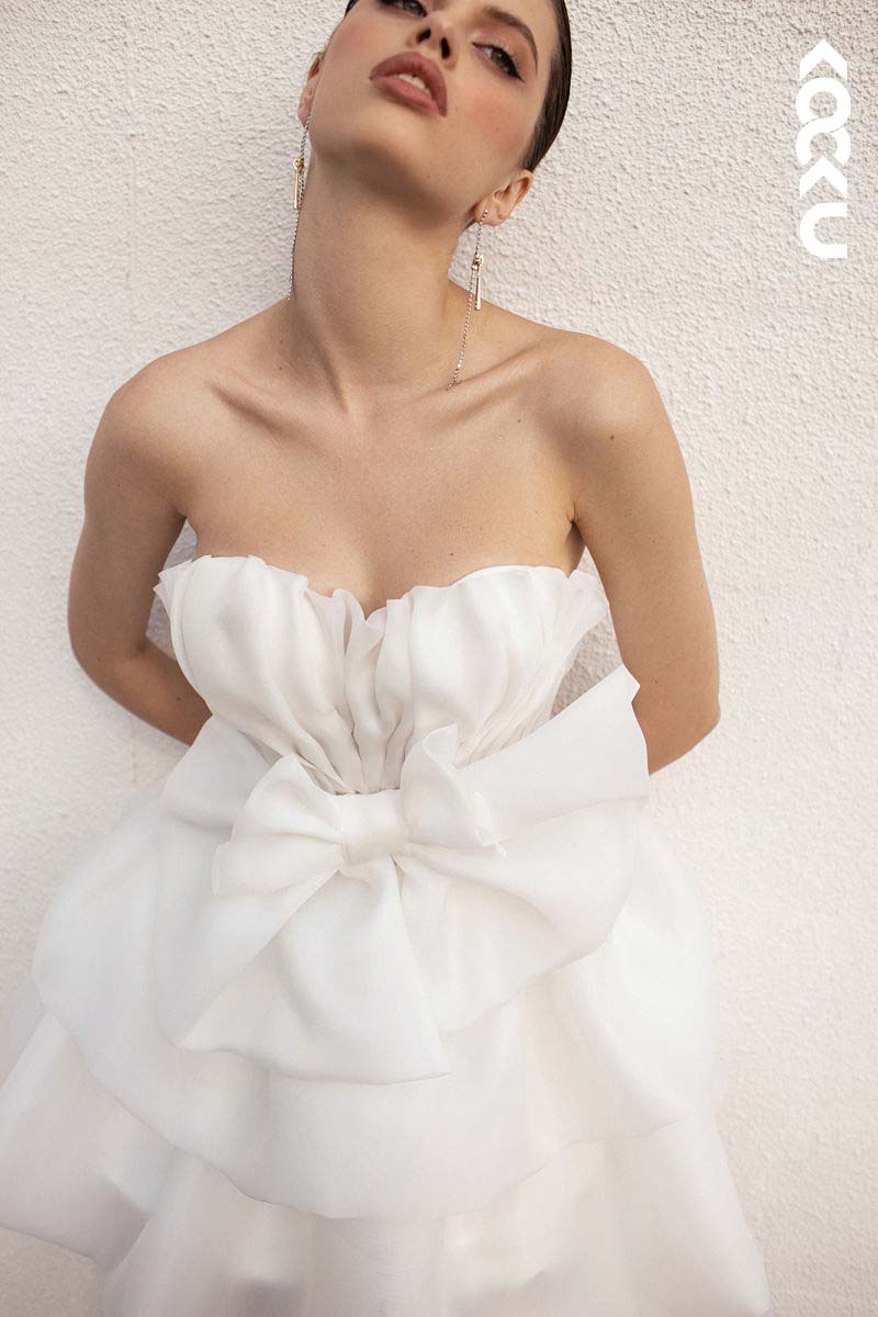 K1150 - Strapless Ruched Satin A-Line Mini Wedding Dress With Bow