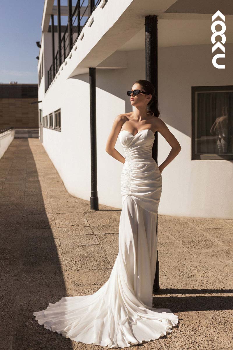 K1152 - Sweetheart Strapless Ruched Satin Mermaid Long Wedding Dress