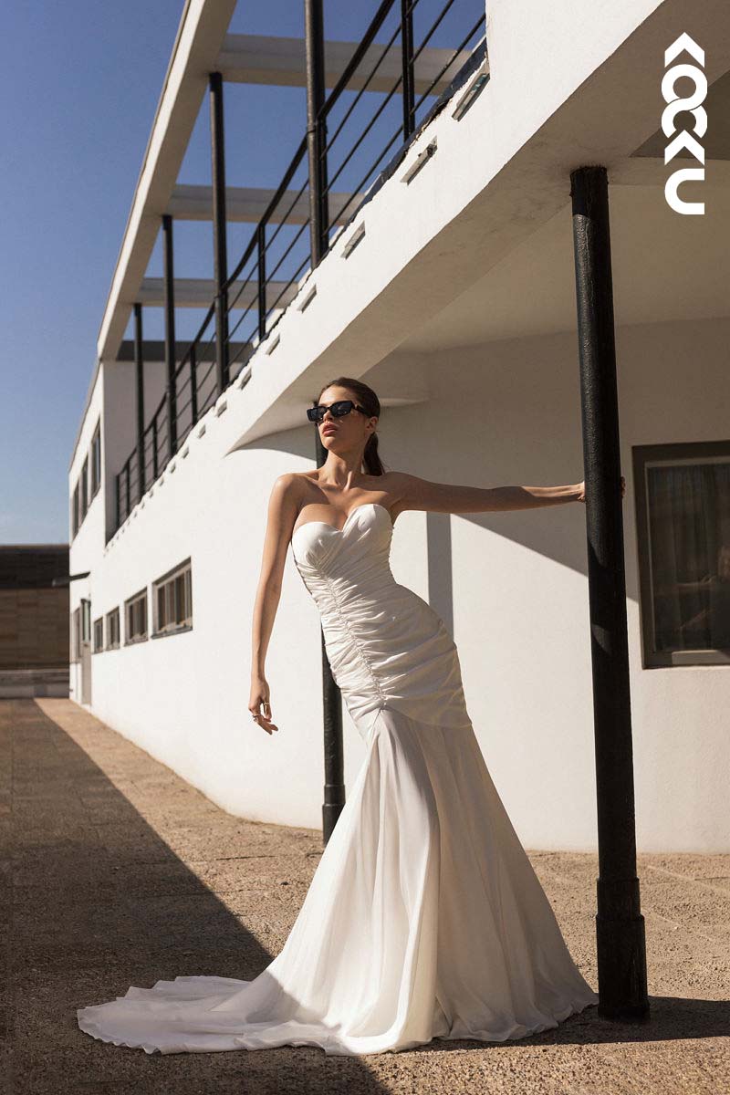 K1152 - Sweetheart Strapless Ruched Satin Mermaid Long Wedding Dress