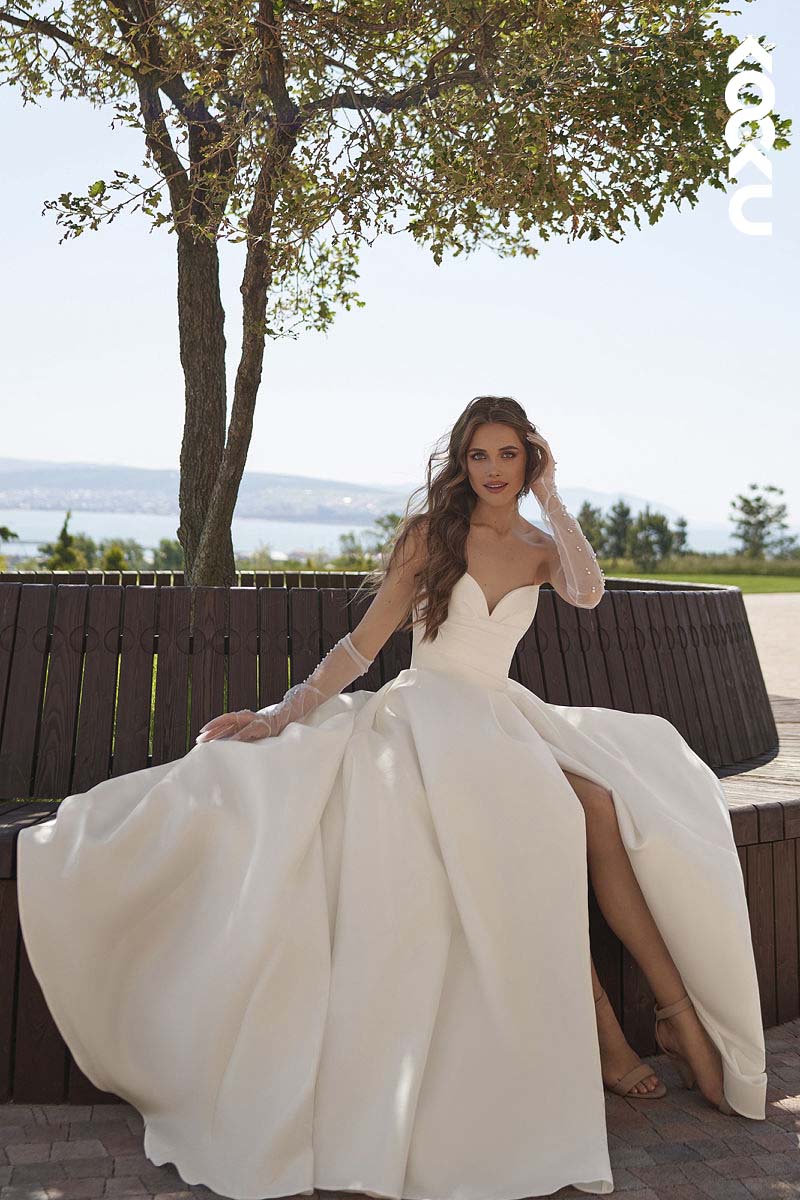 K1154 - V-Neck Strapless Ruched Satin A-Line Long Wedding Dress With Sweep Train