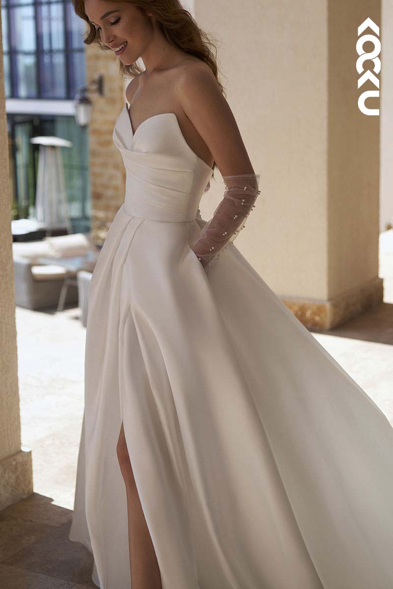 K1154 - V-Neck Strapless Ruched Satin A-Line Long Wedding Dress With Sweep Train