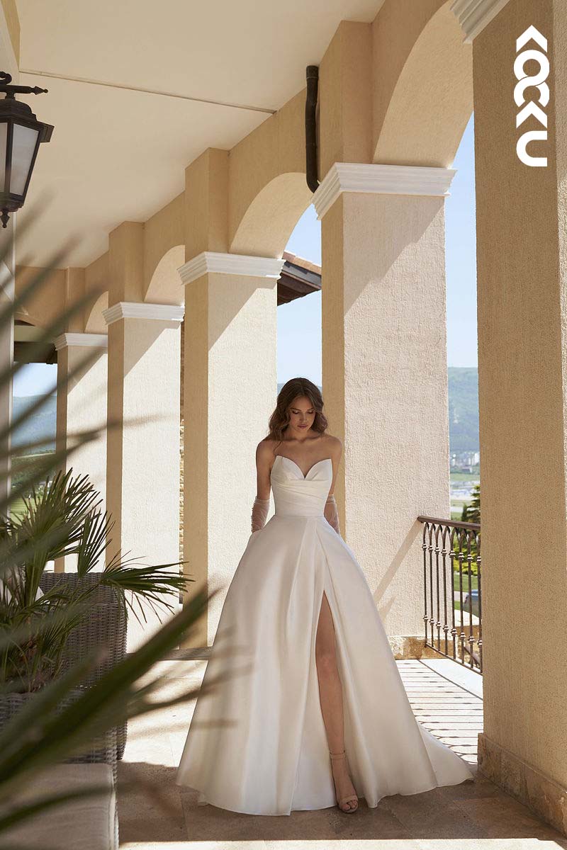 K1154 - V-Neck Strapless Ruched Satin A-Line Long Wedding Dress With Sweep Train