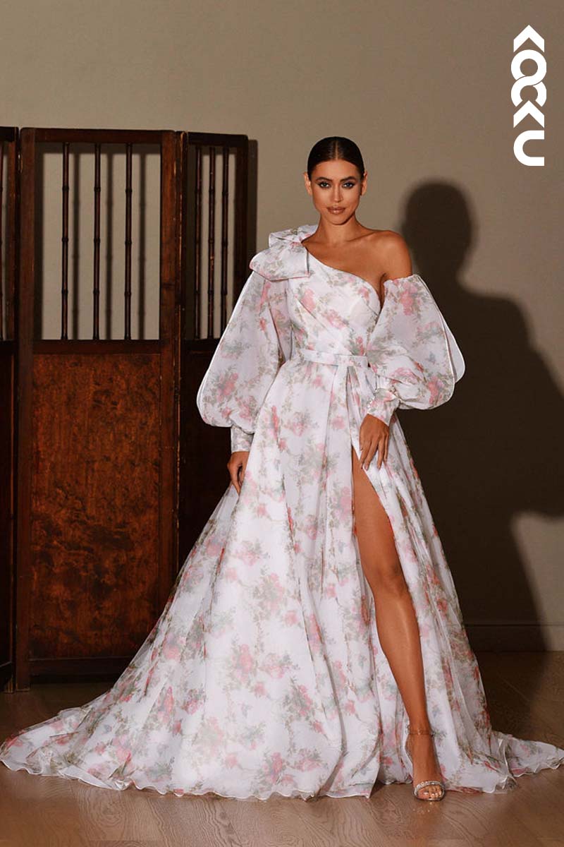 K1156 - One Shoulder Long Sleeves Floral Chiffon A-Line Wedding Dress With Slit