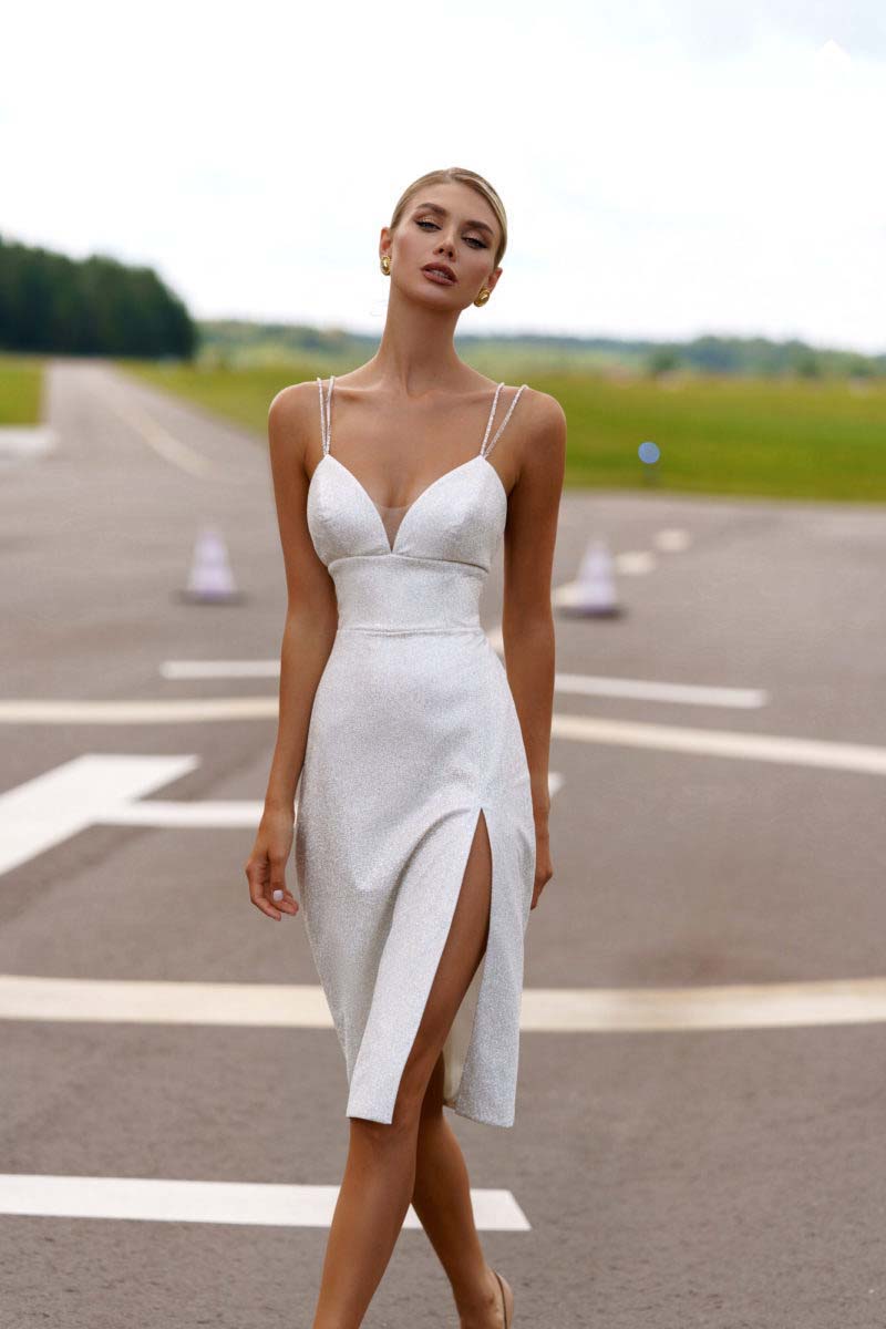 K1157 - V-Neck Spaghetti Straps Sequined Sheath Midi Wedding Dress With Slit