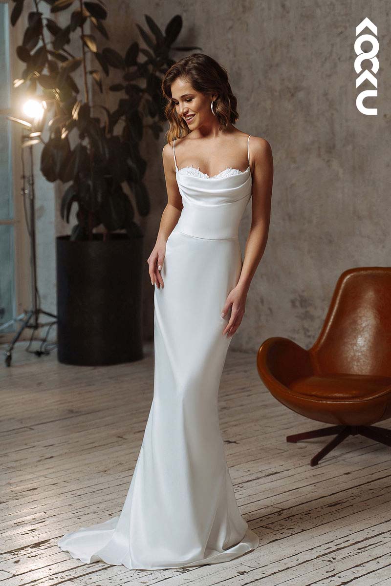 K1158 - Sweetheart Spaghetti Straps Ruched Satin Sheath Long Wedding Dress