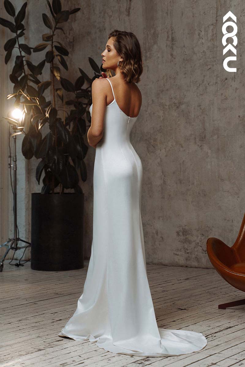 K1158 - Sweetheart Spaghetti Straps Ruched Satin Sheath Long Wedding Dress