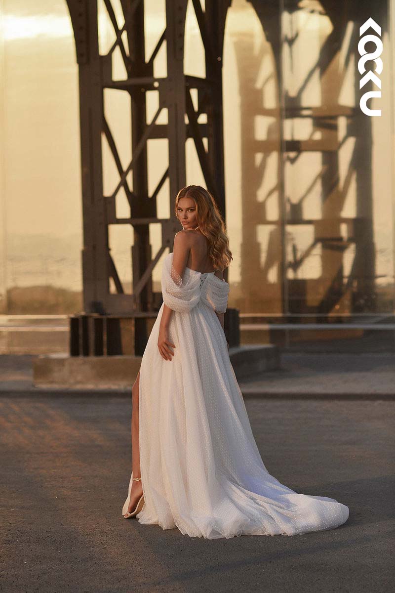 K1159 - Off-Shoulder Tulle A-Line Long Wedding Dress With Sweep Train