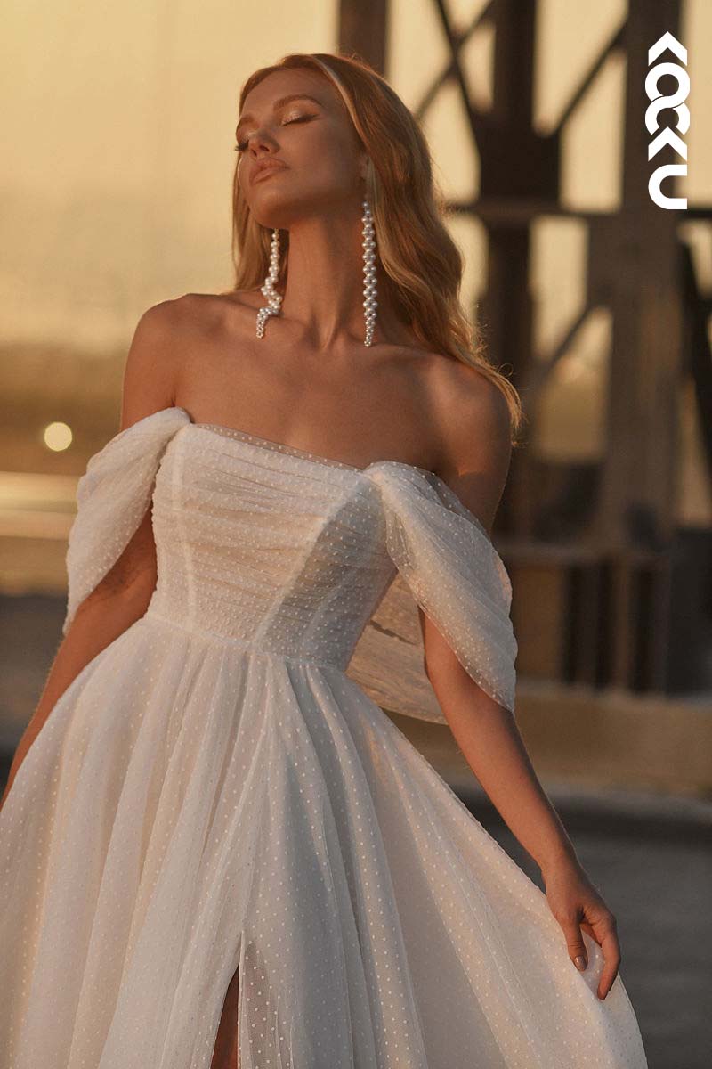 K1159 - Off-Shoulder Tulle A-Line Long Wedding Dress With Sweep Train