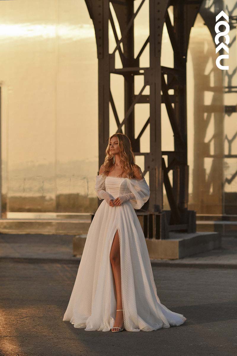 K1159 - Off-Shoulder Tulle A-Line Long Wedding Dress With Sweep Train