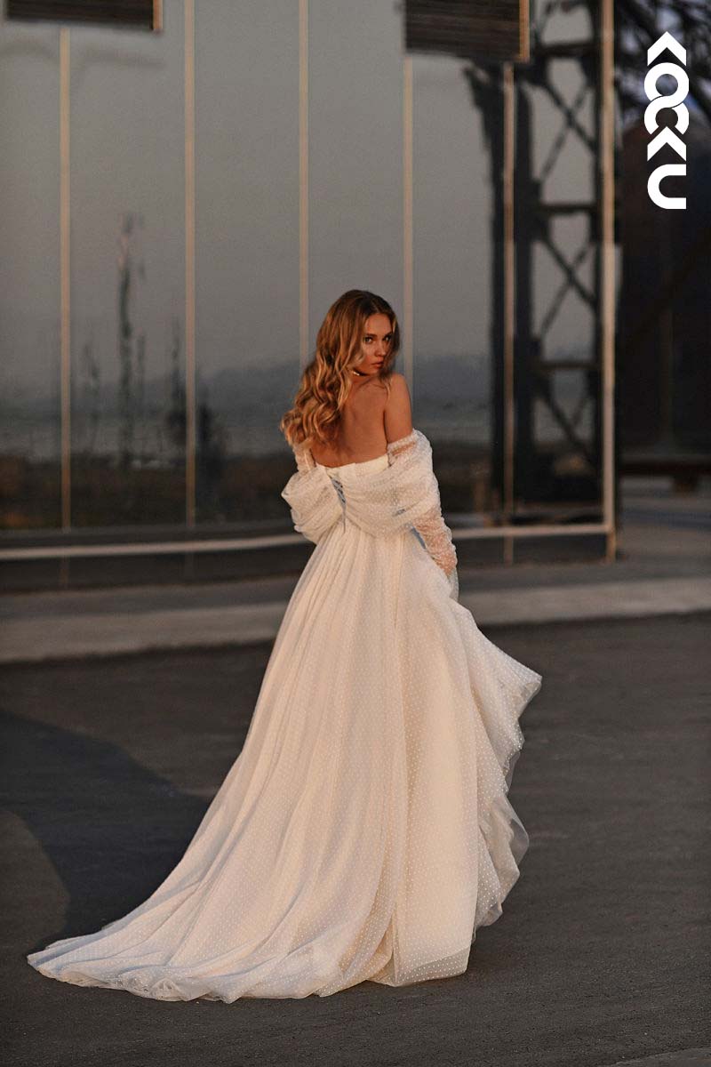 K1159 - Off-Shoulder Tulle A-Line Long Wedding Dress With Sweep Train