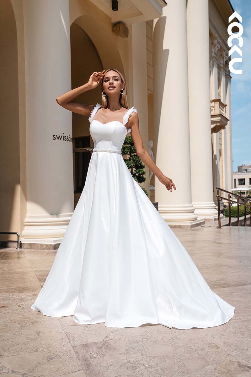 K1160 - Sweetheart Beaded Satin A-Line Long Wedding Dress With Sweep Train