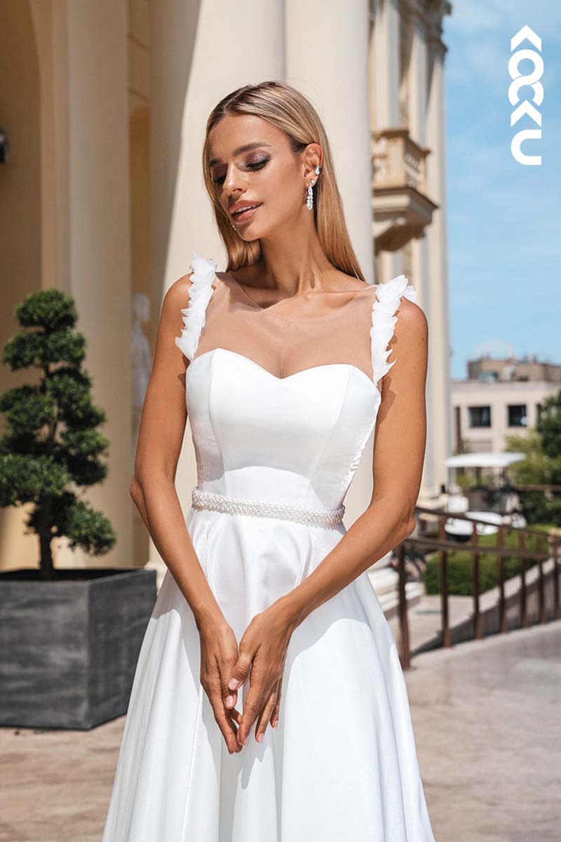 K1160 - Sweetheart Beaded Satin A-Line Long Wedding Dress With Sweep Train