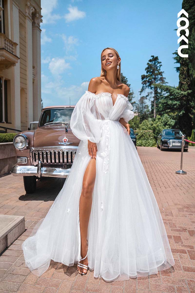 K1161 - V-Neck Off-Shoulder Ruched Tulle A-Line Long Wedding Dress With Slit