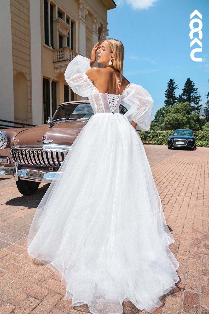 K1161 - V-Neck Off-Shoulder Ruched Tulle A-Line Long Wedding Dress With Slit