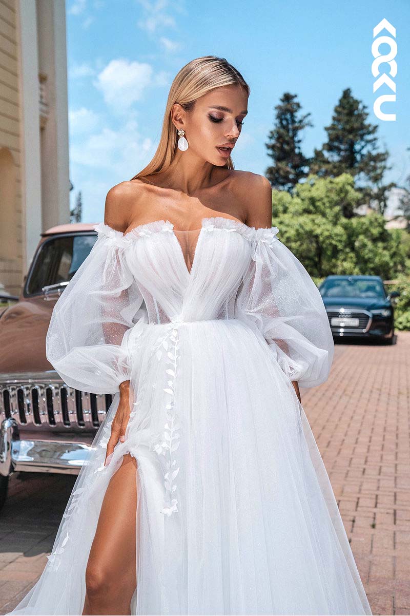 K1161 - V-Neck Off-Shoulder Ruched Tulle A-Line Long Wedding Dress With Slit