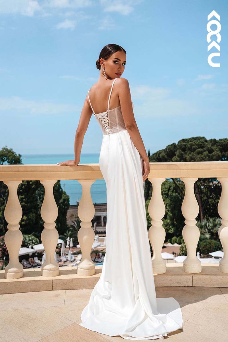 K1162 - Sweetheart Spaghetti Straps Appliqued Satin Sheath Long Wedding Dress