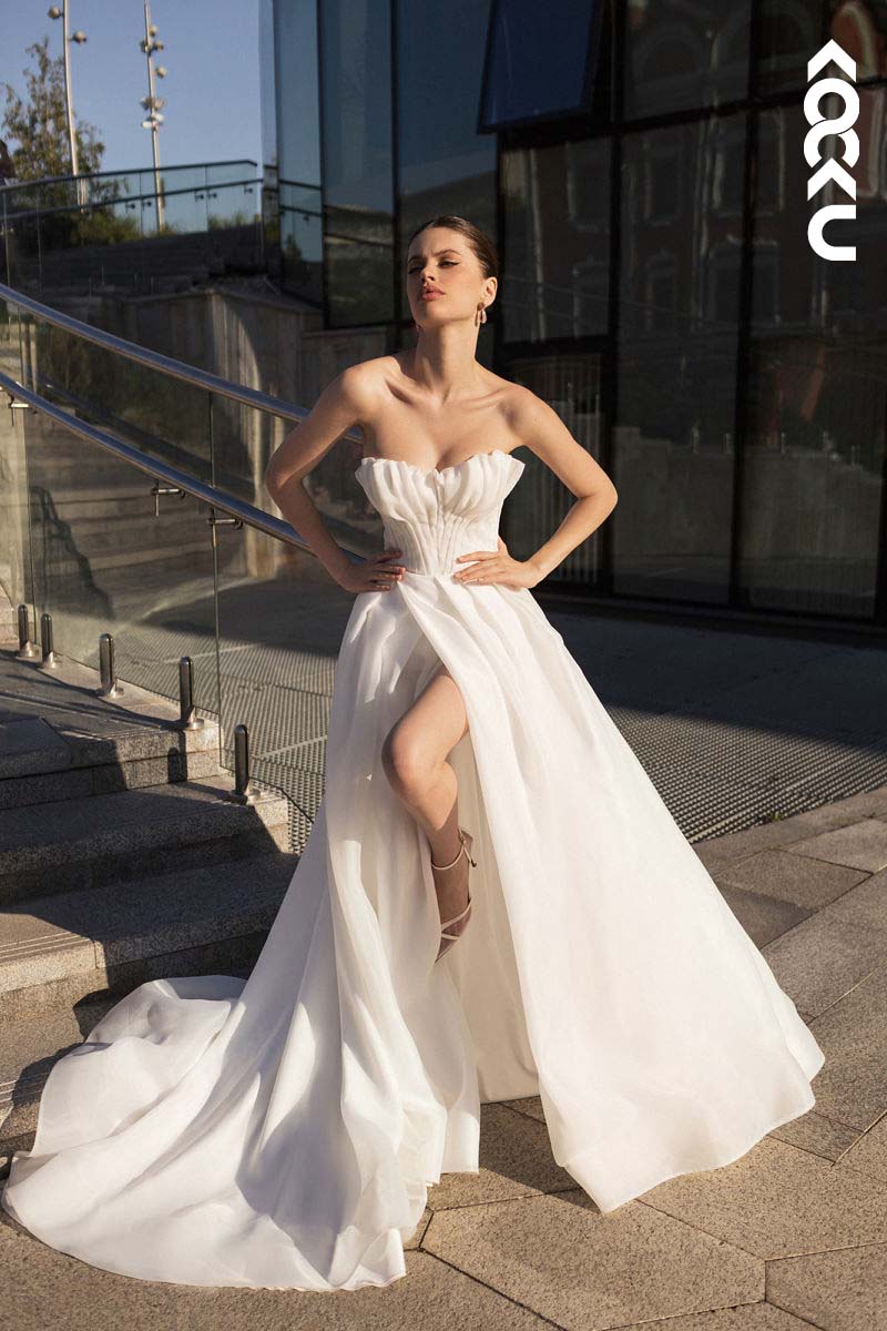 K1163 - Strapless Ruched Tulle A-Line Long Wedding Dress With Slit