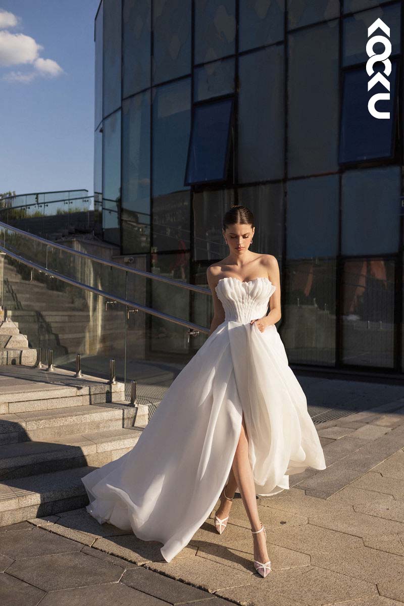 K1163 - Strapless Ruched Tulle A-Line Long Wedding Dress With Slit