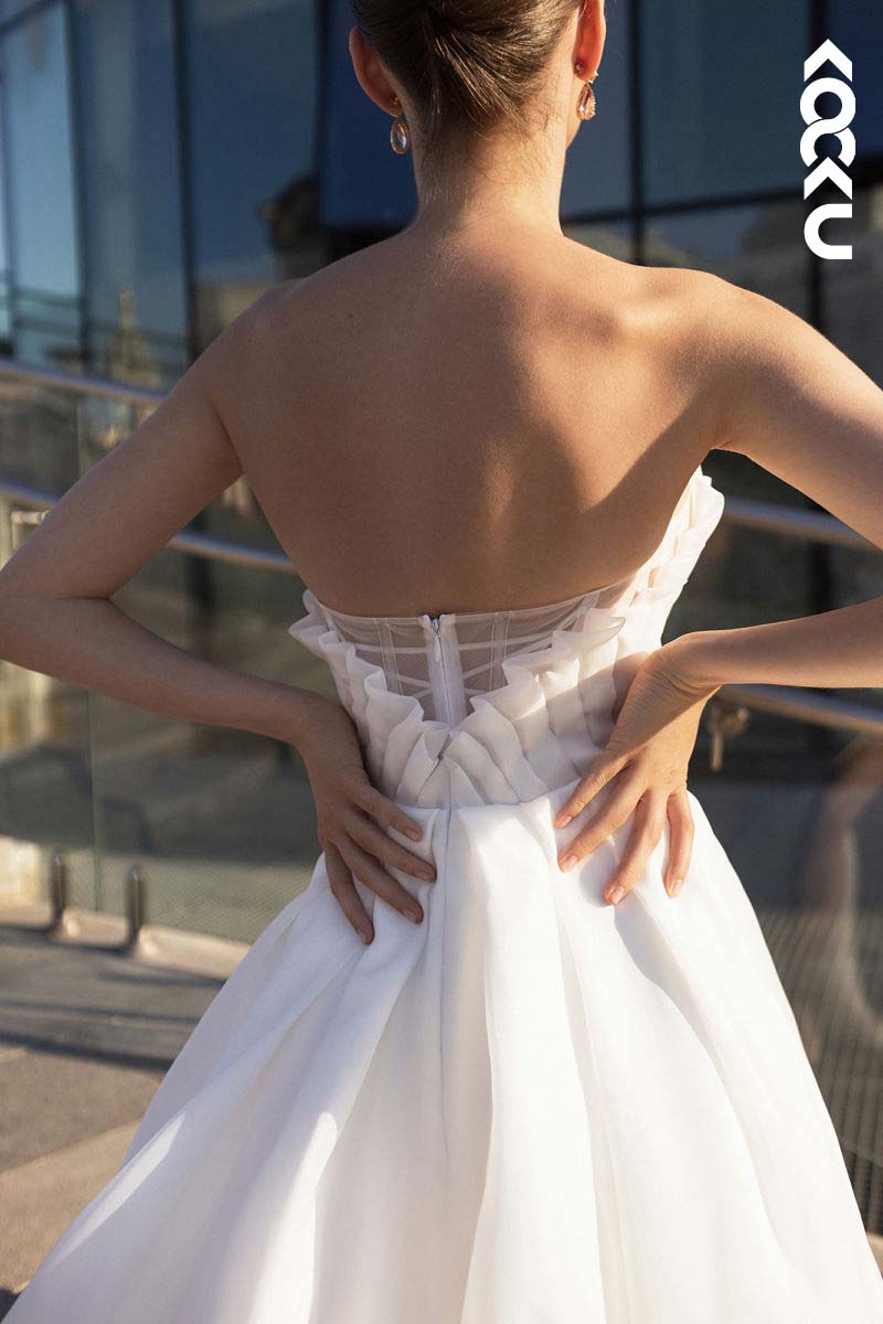 K1163 - Strapless Ruched Tulle A-Line Long Wedding Dress With Slit