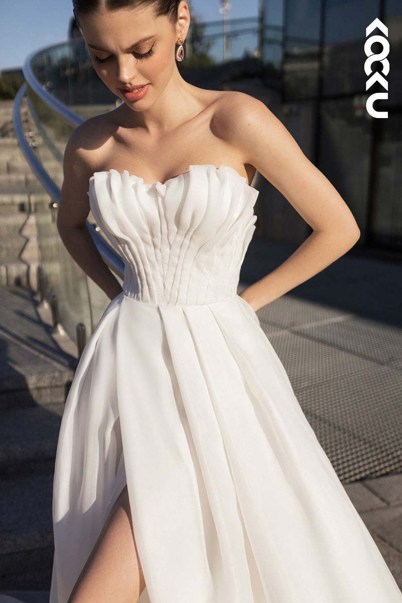 K1163 - Strapless Ruched Tulle A-Line Long Wedding Dress With Slit