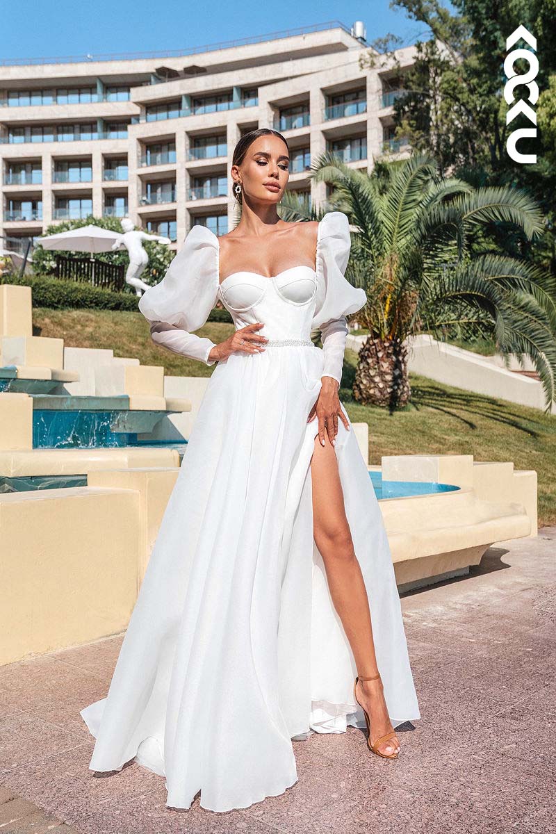 K1164 - Sweetheart Long Sleeves Tulle A-Line Long Wedding Dress With Slit