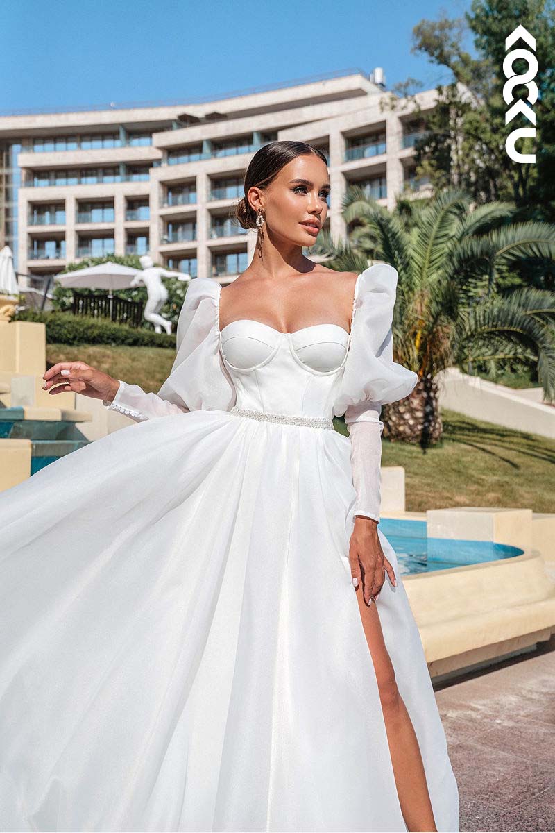 K1164 - Sweetheart Long Sleeves Tulle A-Line Long Wedding Dress With Slit