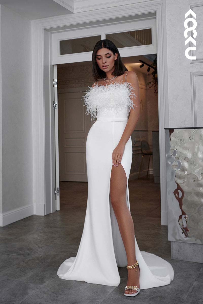 K1165 - Spaghetti Straps Satin Sheath Long Weding Dress With Slit