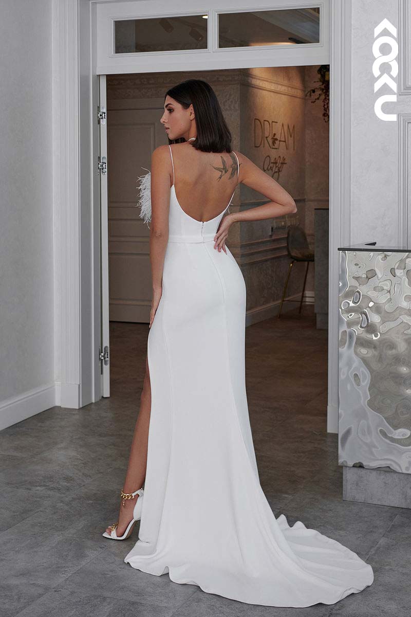 K1165 - Spaghetti Straps Satin Sheath Long Weding Dress With Slit