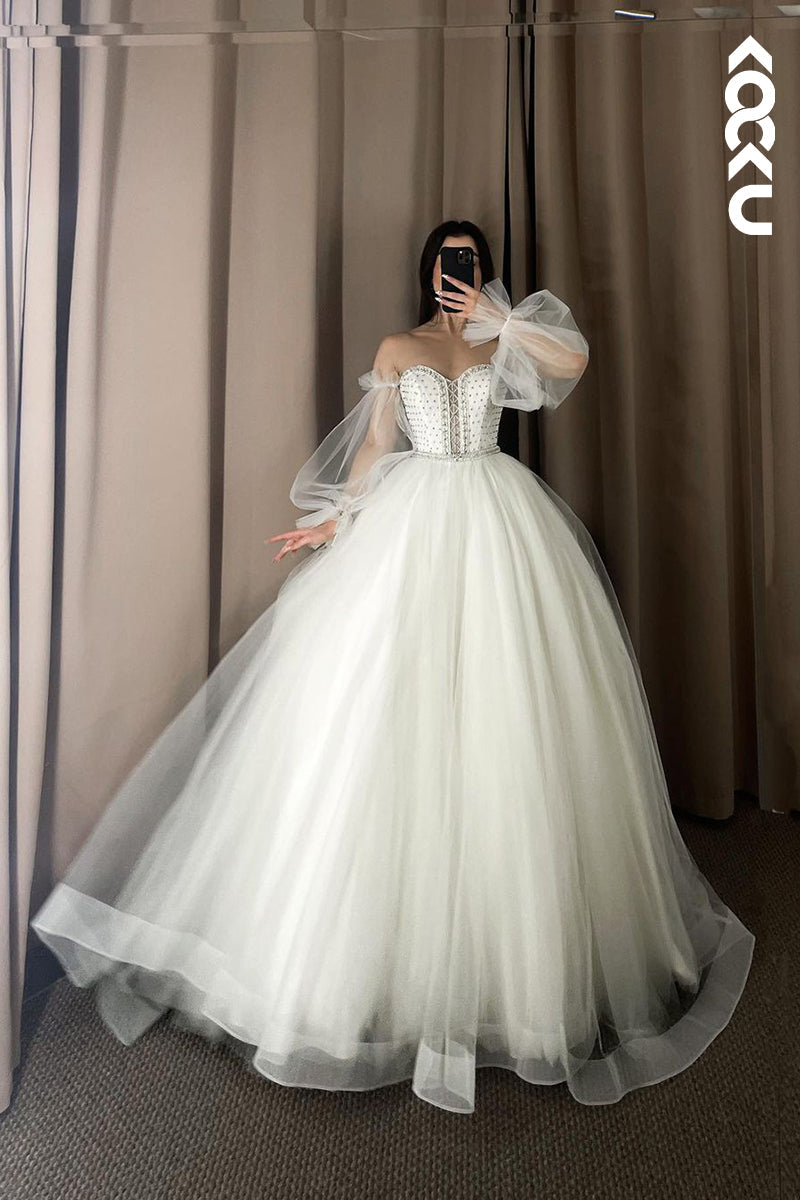 K1169 - Sweetheart Strapless Tulle A-Line Wedding Dress With Detachable Sleeves