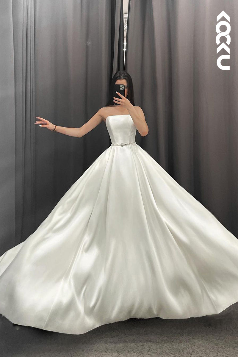 K1173 - Strapless Beaded Satin A-Line Long Wedding Gown With Sweep Train