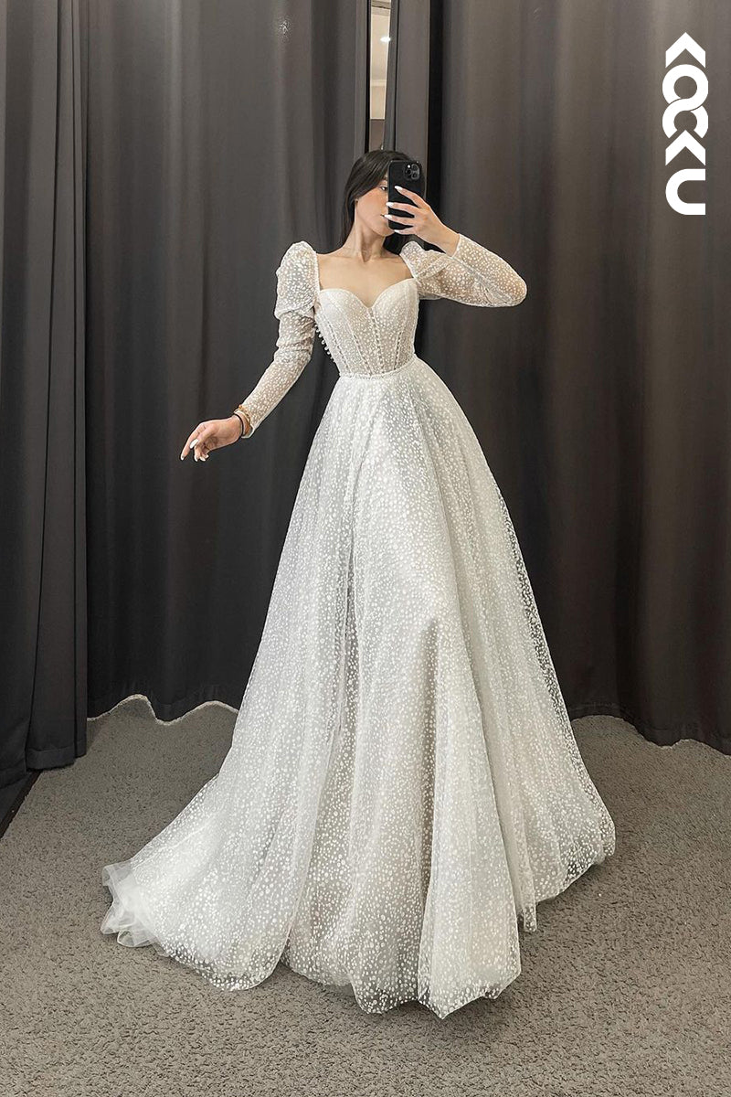 K1179 - Sweetheart Long Sleeves Tulle A-Line Long Wedding Dress