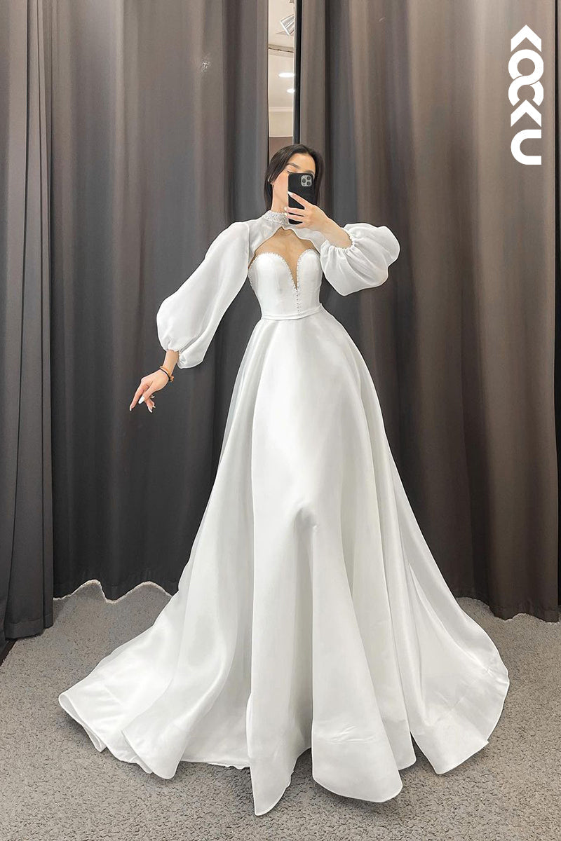 K1180 - V-Neck Strapless Beaded Satin A-Line Wedding Dress With Detachable Sleeves