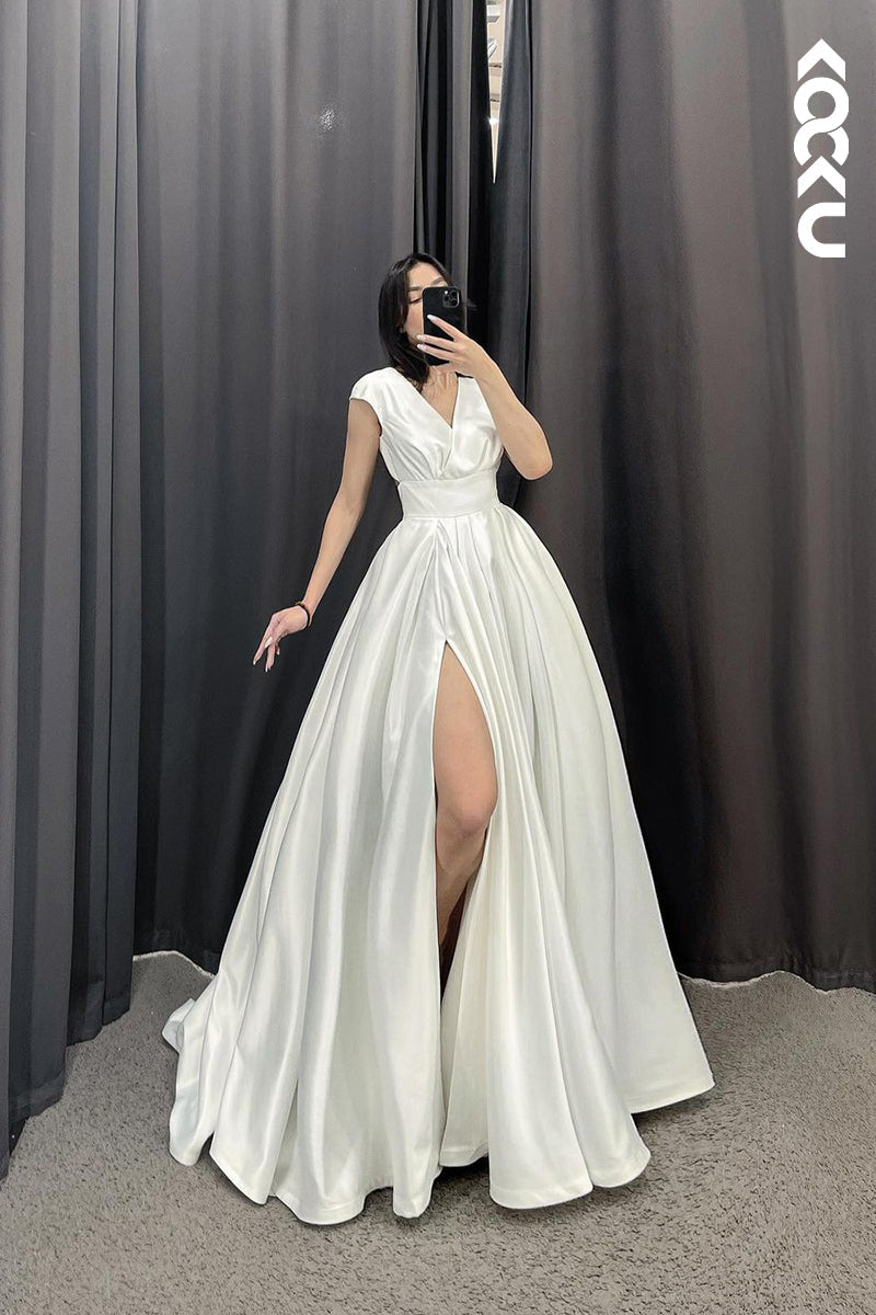 K1181 - V-Neck Ruched Satin A-Line Long Wedding Dress With Slit