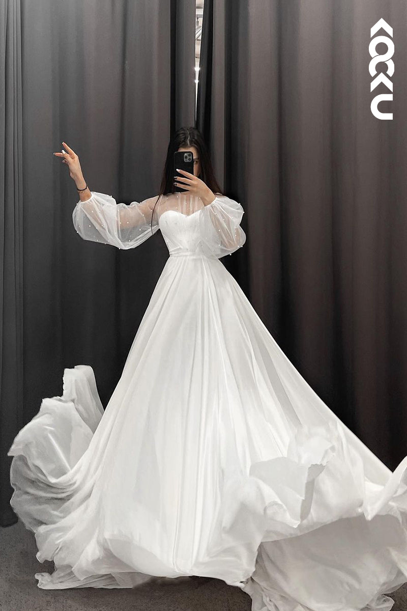 K1183 - Sweetheart Long Sleeves Beaded Sheer Satin A-Line Wedding Dress