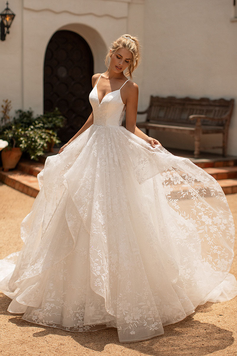 K1186 - V-Neck Spaghetti Straps Lace Ball Wedding Gown With Sweep Train