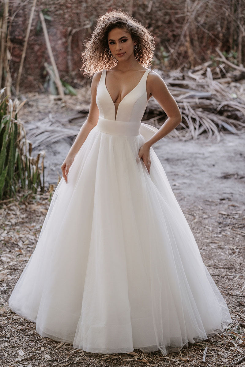 K1187 - Low V-Neck Satin Tulle Long Ball Wedding Gown With Bow