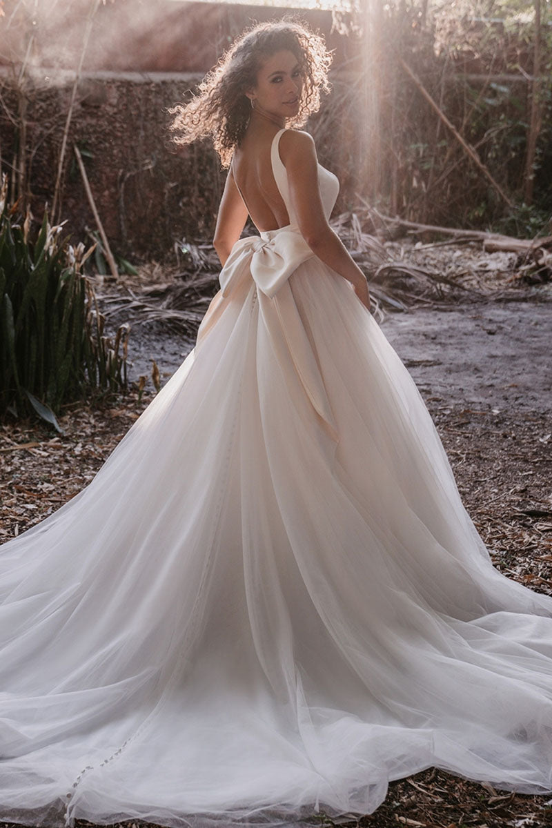 K1187 - Low V-Neck Satin Tulle Long Ball Wedding Gown With Bow