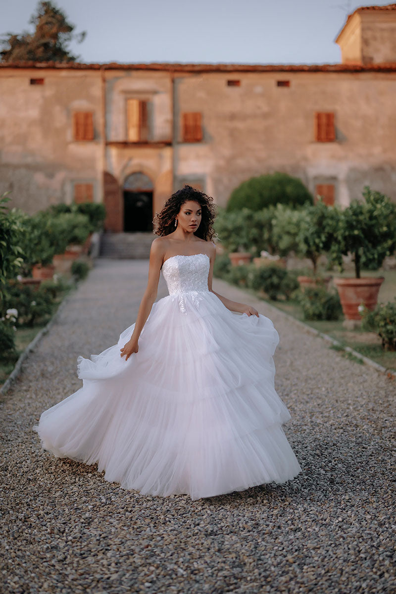 K1189 - Strapless Lace Appliqued Tulle Ball Wedding Gown With Detachable Gown